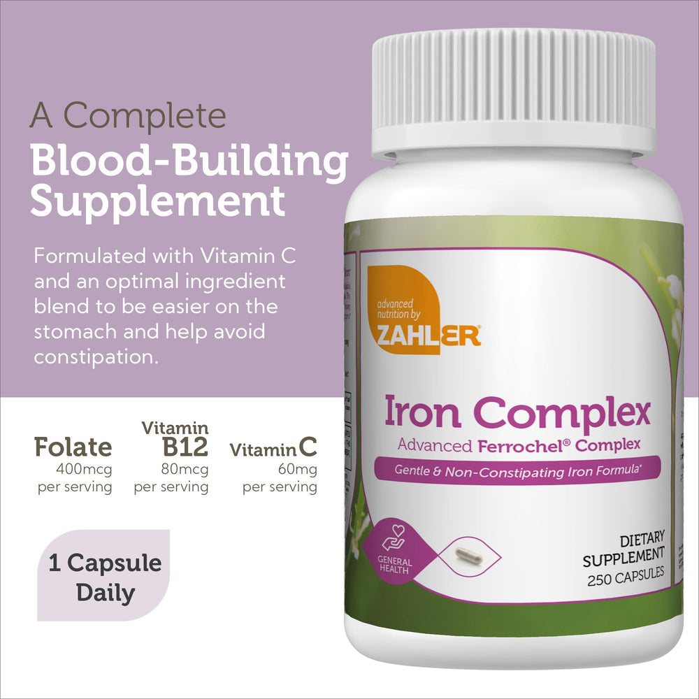 Zahler Iron Complex pours capsules into a hand, suggesting simple daily intake.