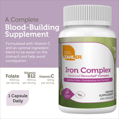 Zahler Iron Complex pours capsules into a hand, suggesting simple daily intake.