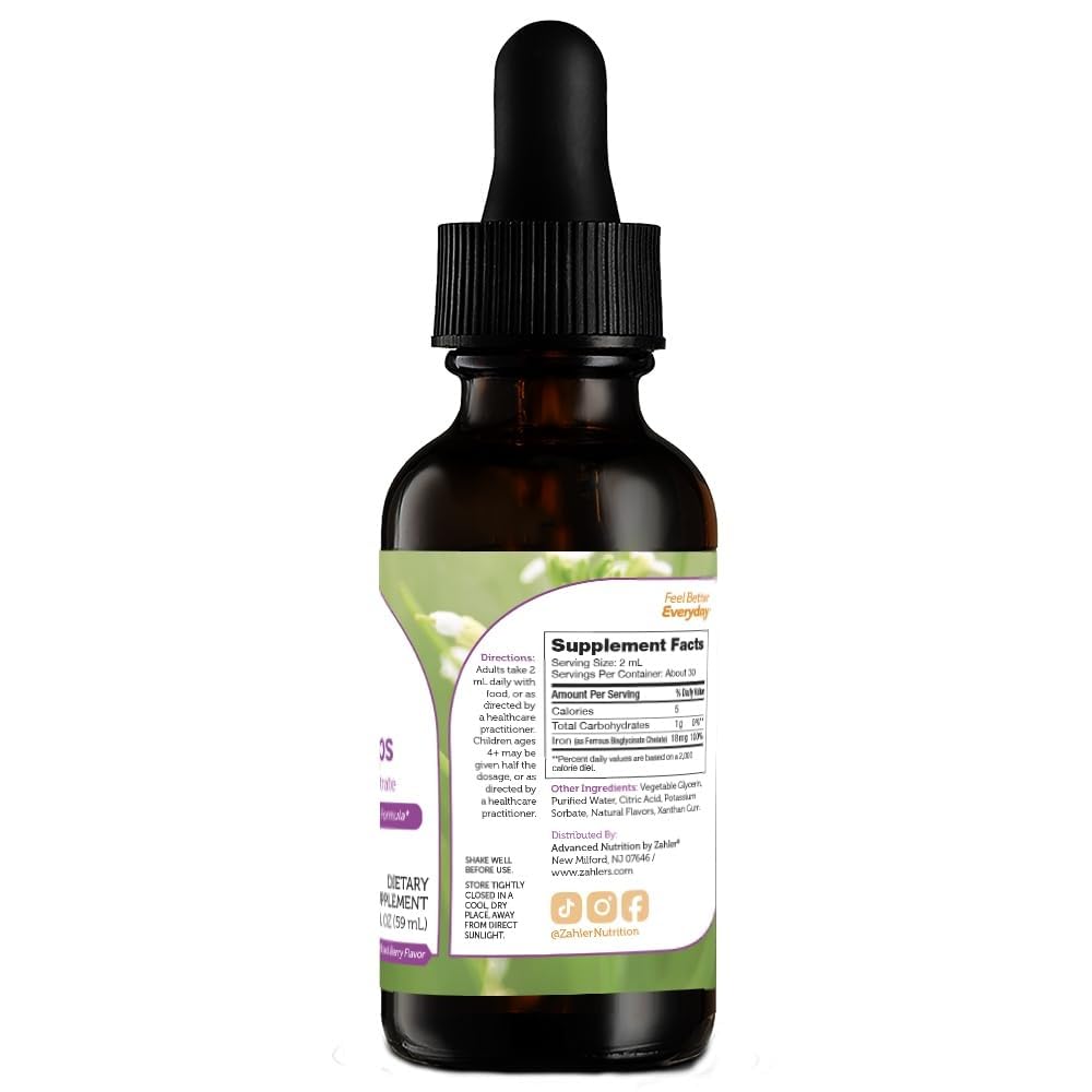 Zahler Iron Drops liquid pour illustrating easy dosing and fast absorption