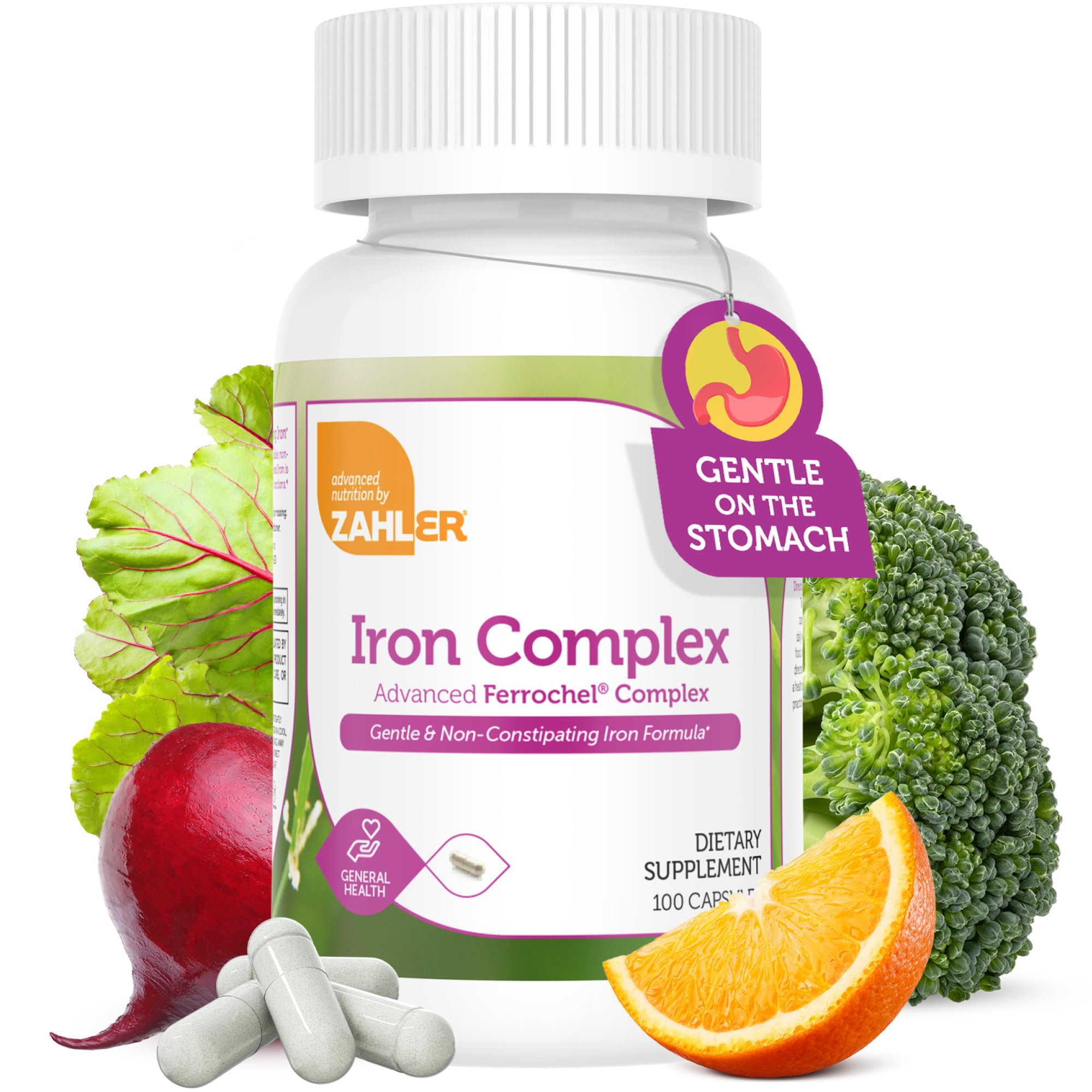Zahler iron supplement bottle close-up for daily use and absorption.