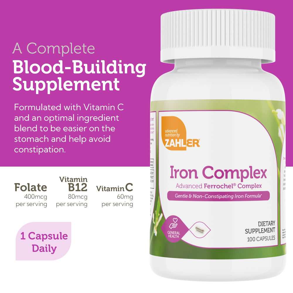 Zahler iron supplement ingredients panel shows B12 and folate.