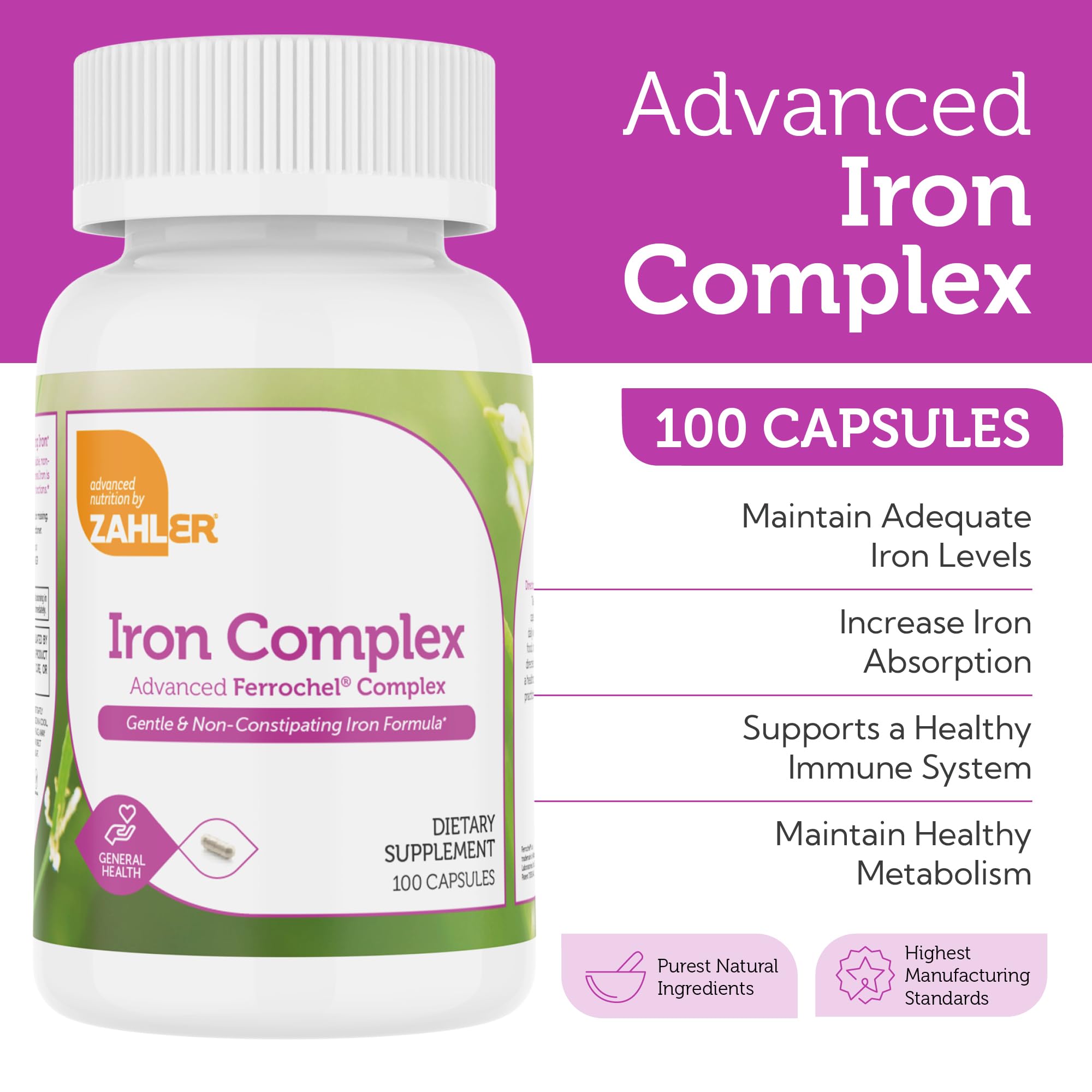 Zahler iron supplement bottle with kosher certification logo.