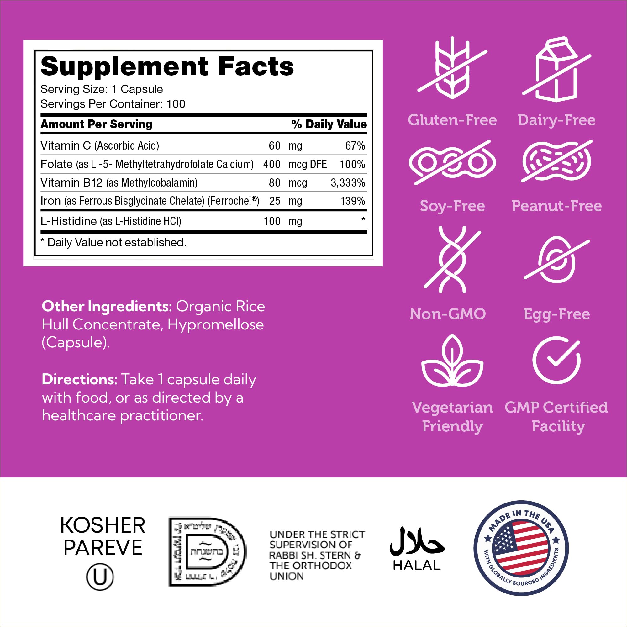 Zahler iron supplement label details highlighting ferrochel and vitamins.