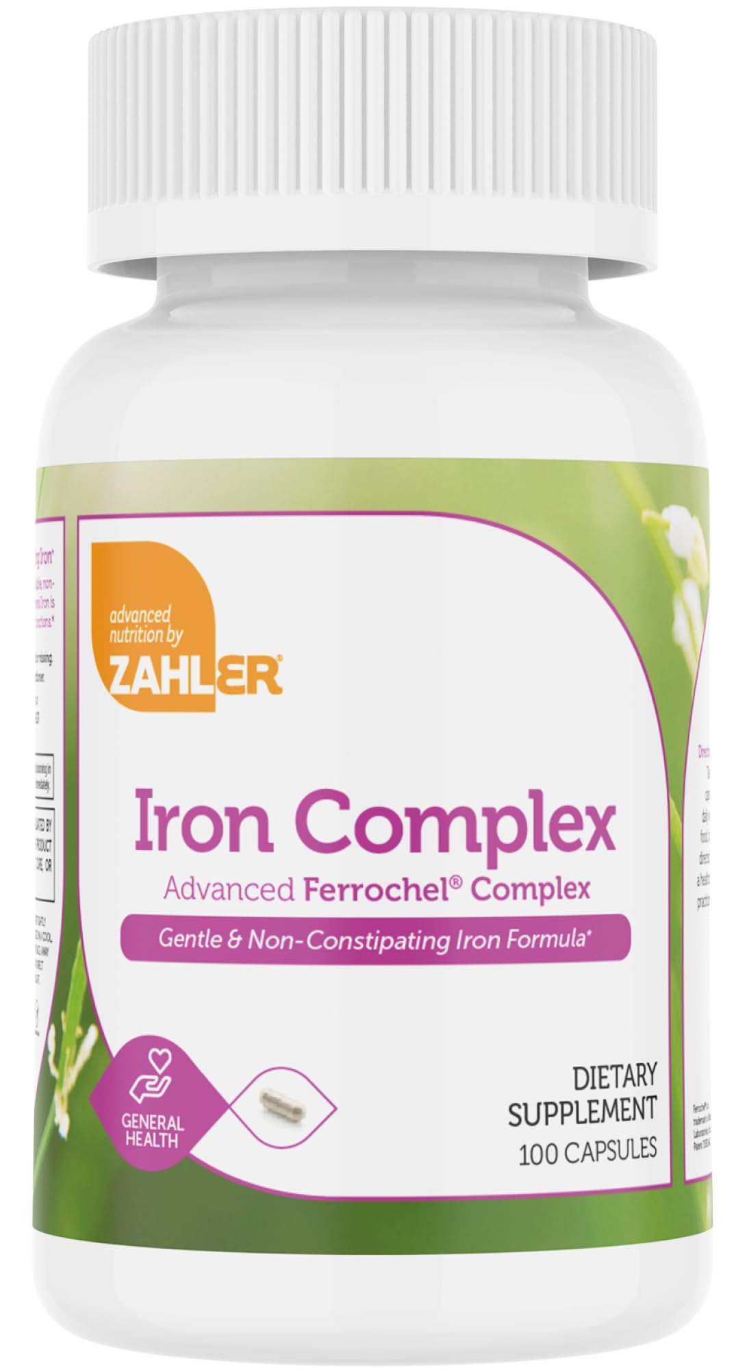 Zahler iron tablets pouring into a glass for gentle digestion support.