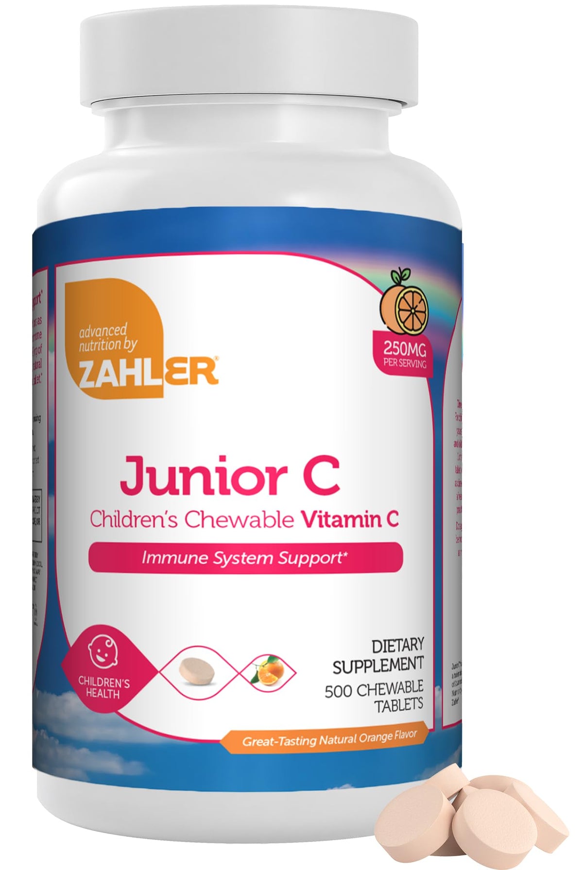 Zahler Junior C orange-flavored chewable bottle with label highlighting immune support.