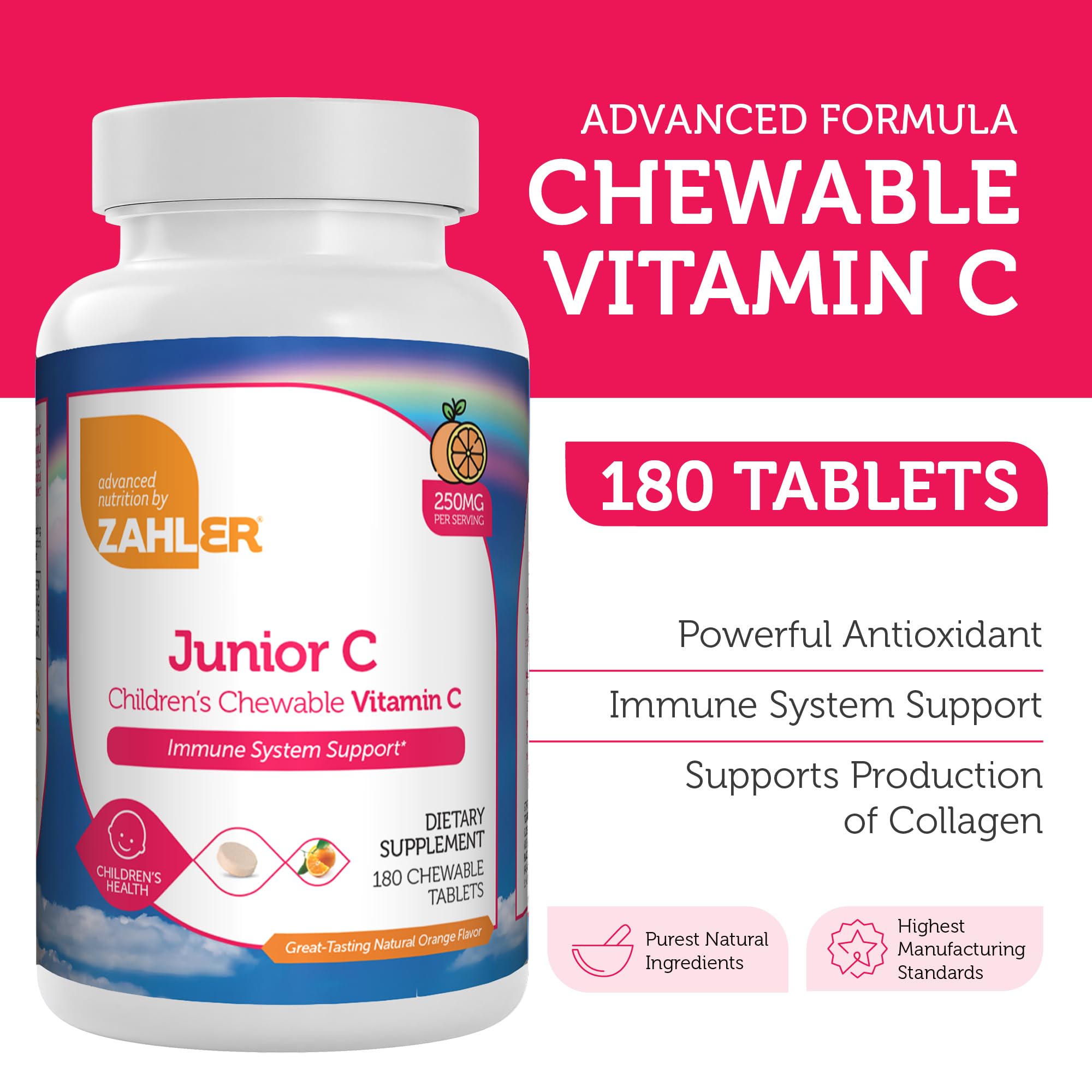 Zahler Junior C Advanced bottle shows 250 mg vitamin C per tablet.