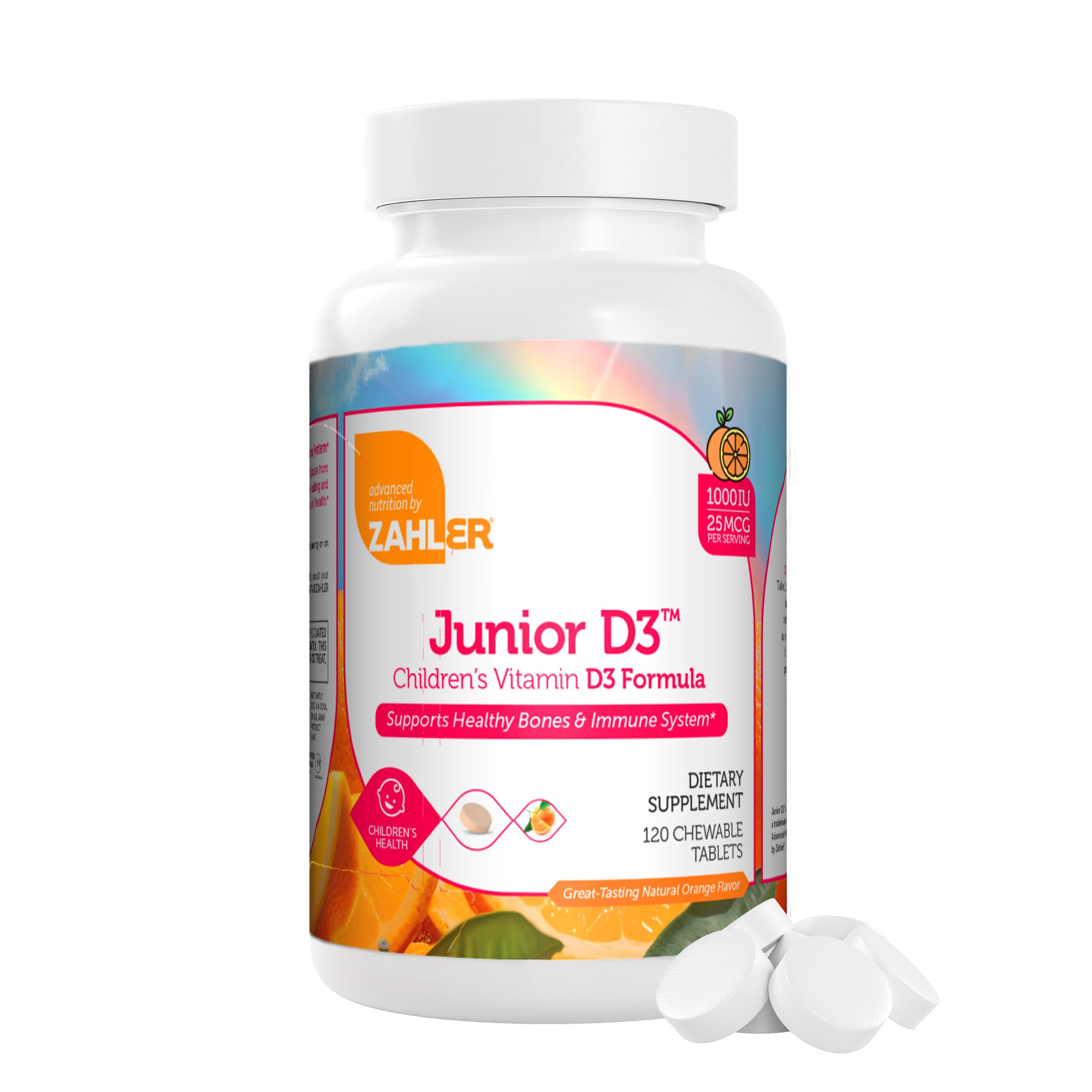 Zahler Junior D3 chewables orange package front promotes kid-friendly bone support