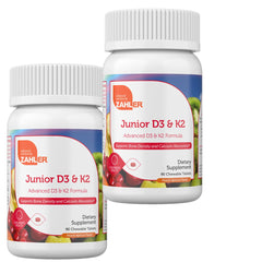 Zahler Junior Vitamin D3 and K2 chewables for kids support bone health and immune function.
