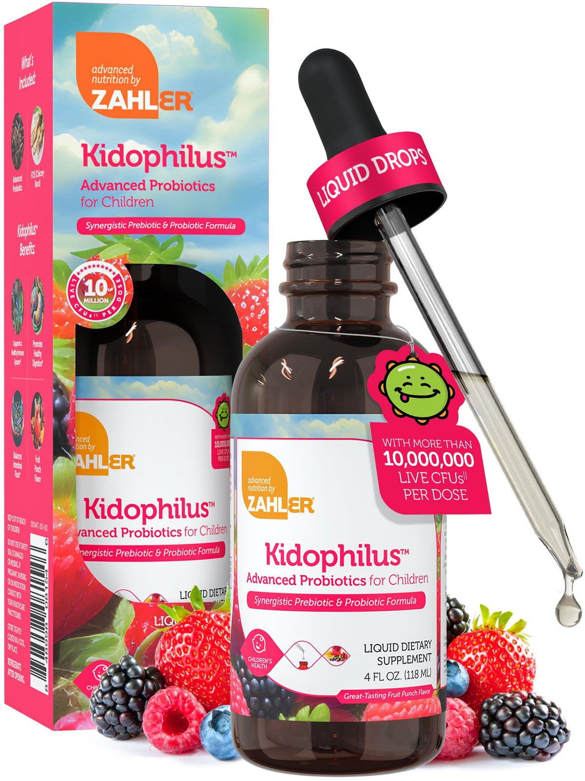 Zahler Kidophilus liquid drops fruit punch bottle for kid-friendly probiotic delivery.