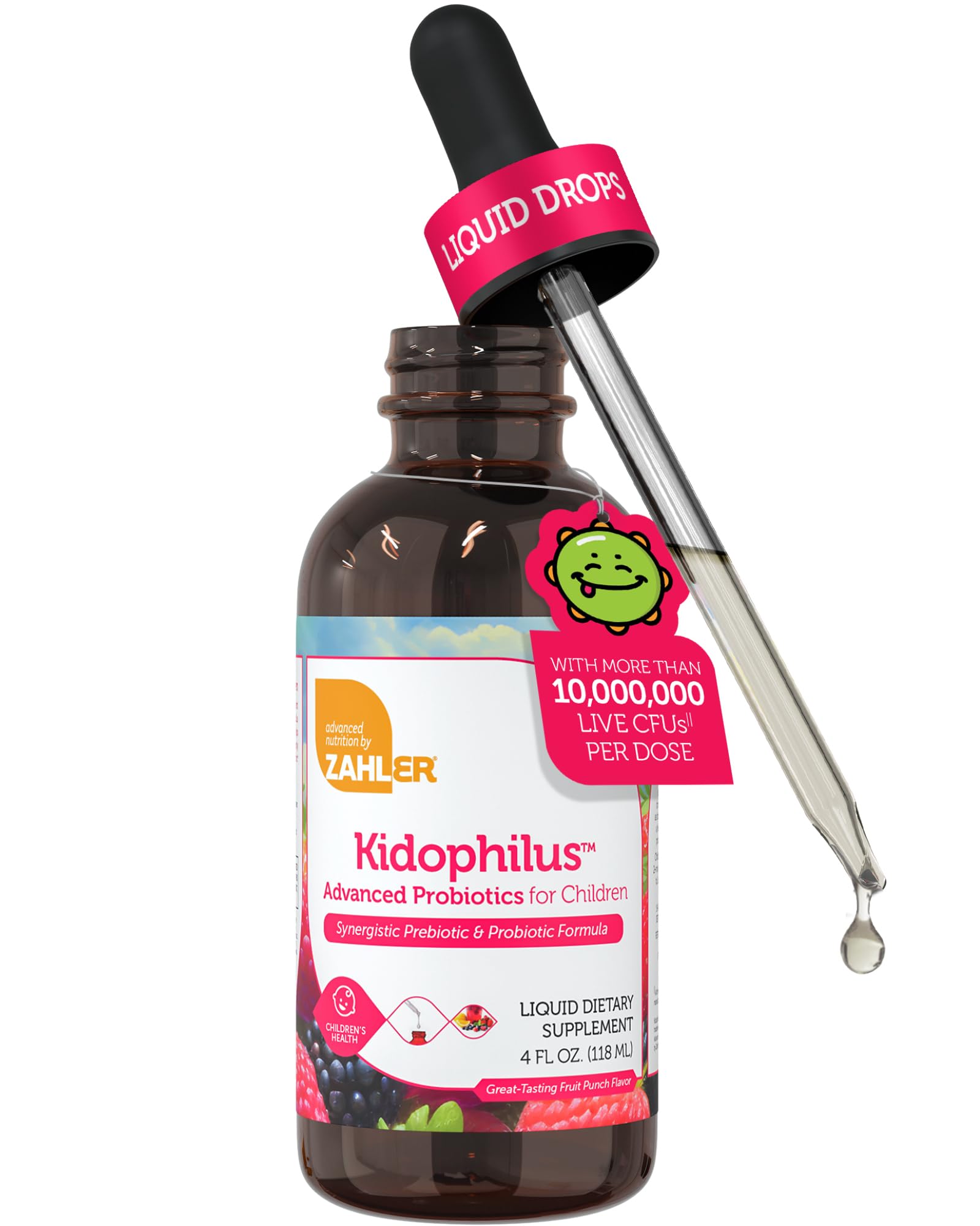 Zahler Kidophilus drops being poured for easy daily dosing.