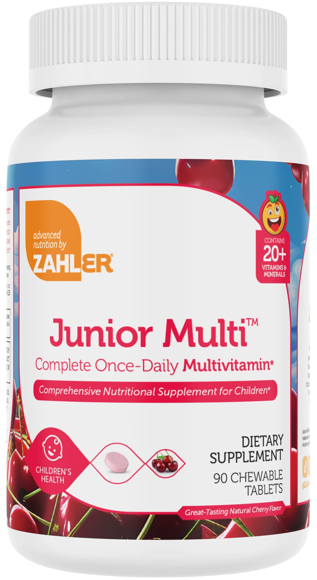 Zahler Kids Multivitamin chewable bottle shows a kid-friendly daily supplement in cherry flavor
