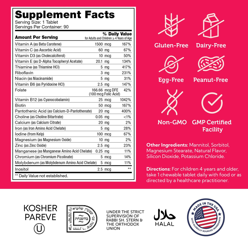 Closeup of Zahler Kids Multivitamin chewable tablets for growing children