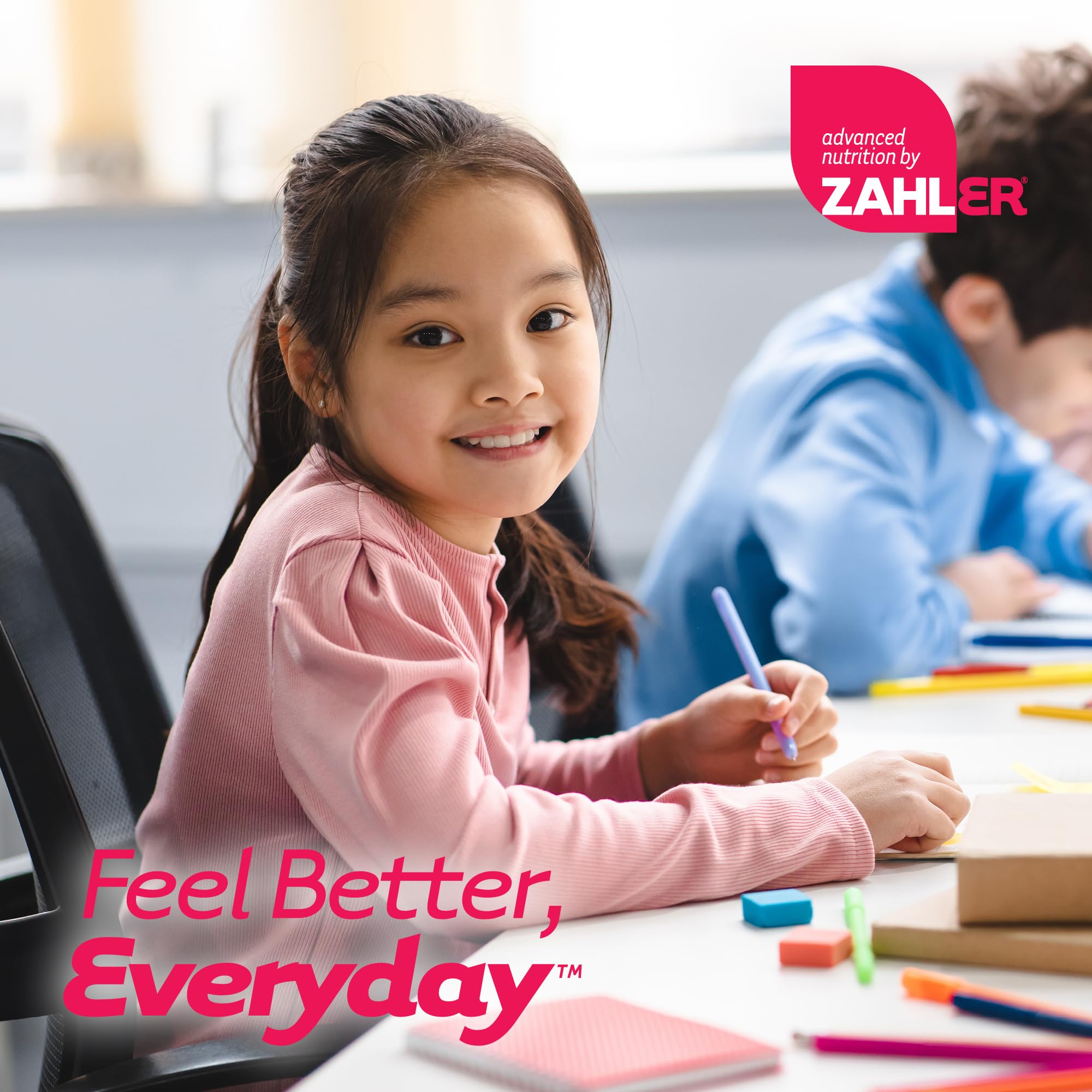 Packaging of Zahler Kids Multivitamin emphasizing USA-made, kosher, and allergen-free quality