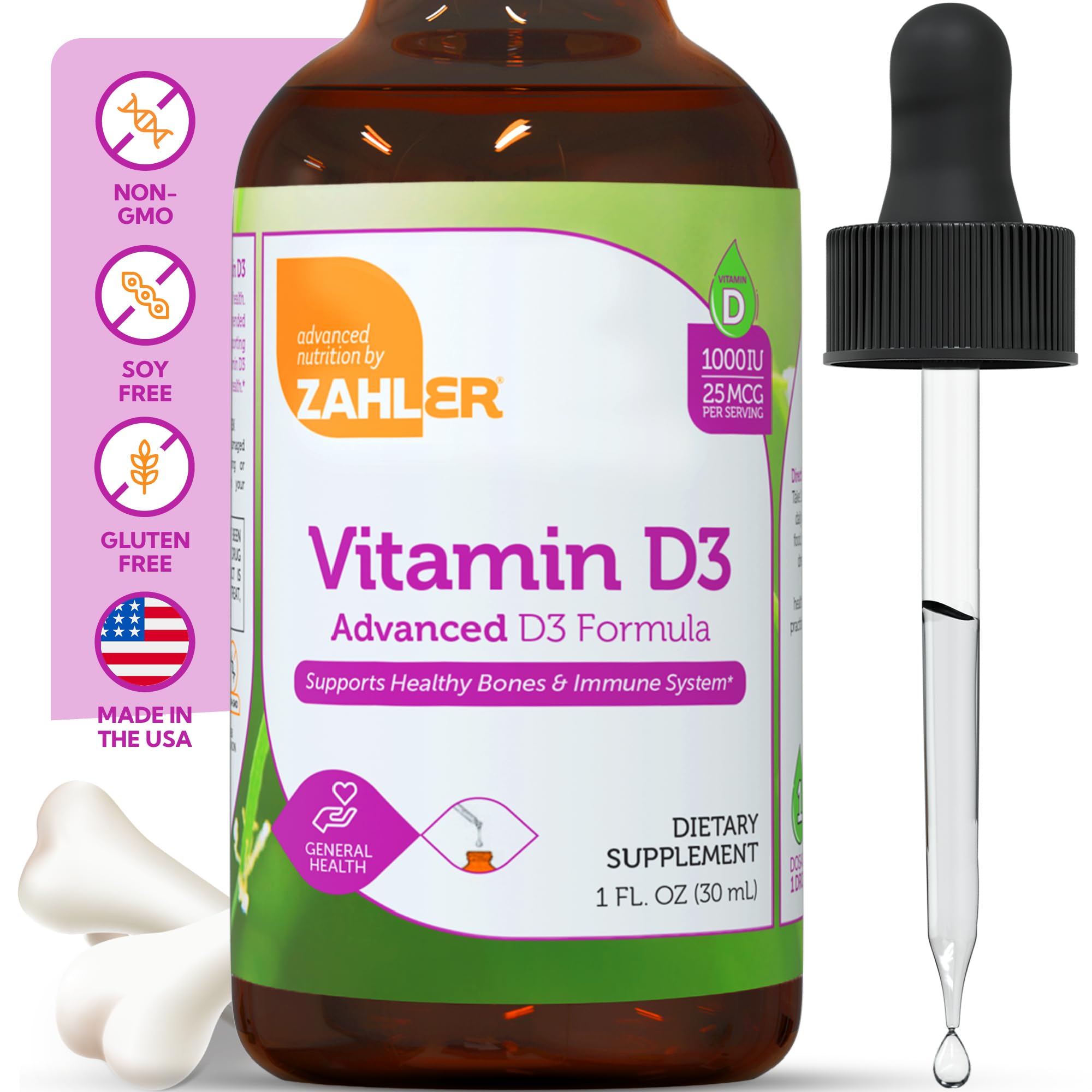 Zahler D3 bottle closeup highlighting purity and US-made quality