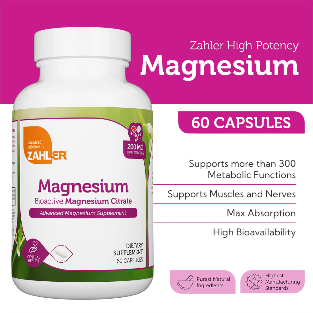 Zahler Magnesium Citrate bottle label shows kosher and vegetarian friendly formula