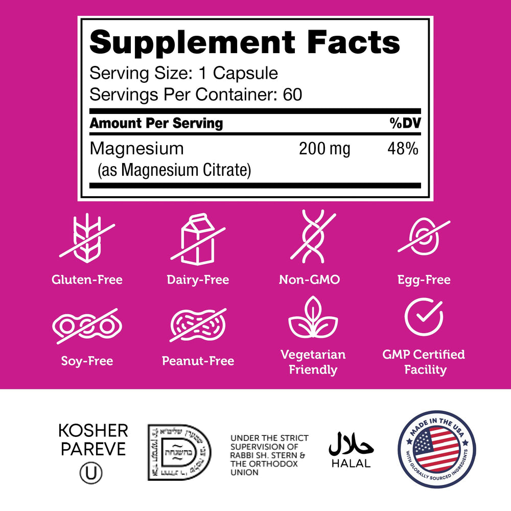 Ingredients panel from Zahler magnesium supplement noting kosher non-GMO dairy-free