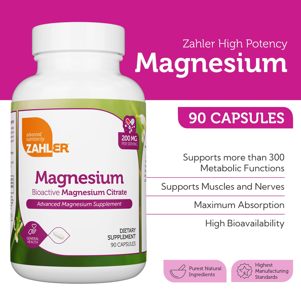 Zahler magnesium citrate bottle label closeup: US-made, kosher-certified magnesium supplement.