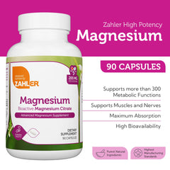 Zahler magnesium citrate bottle label closeup: US-made, kosher-certified magnesium supplement.