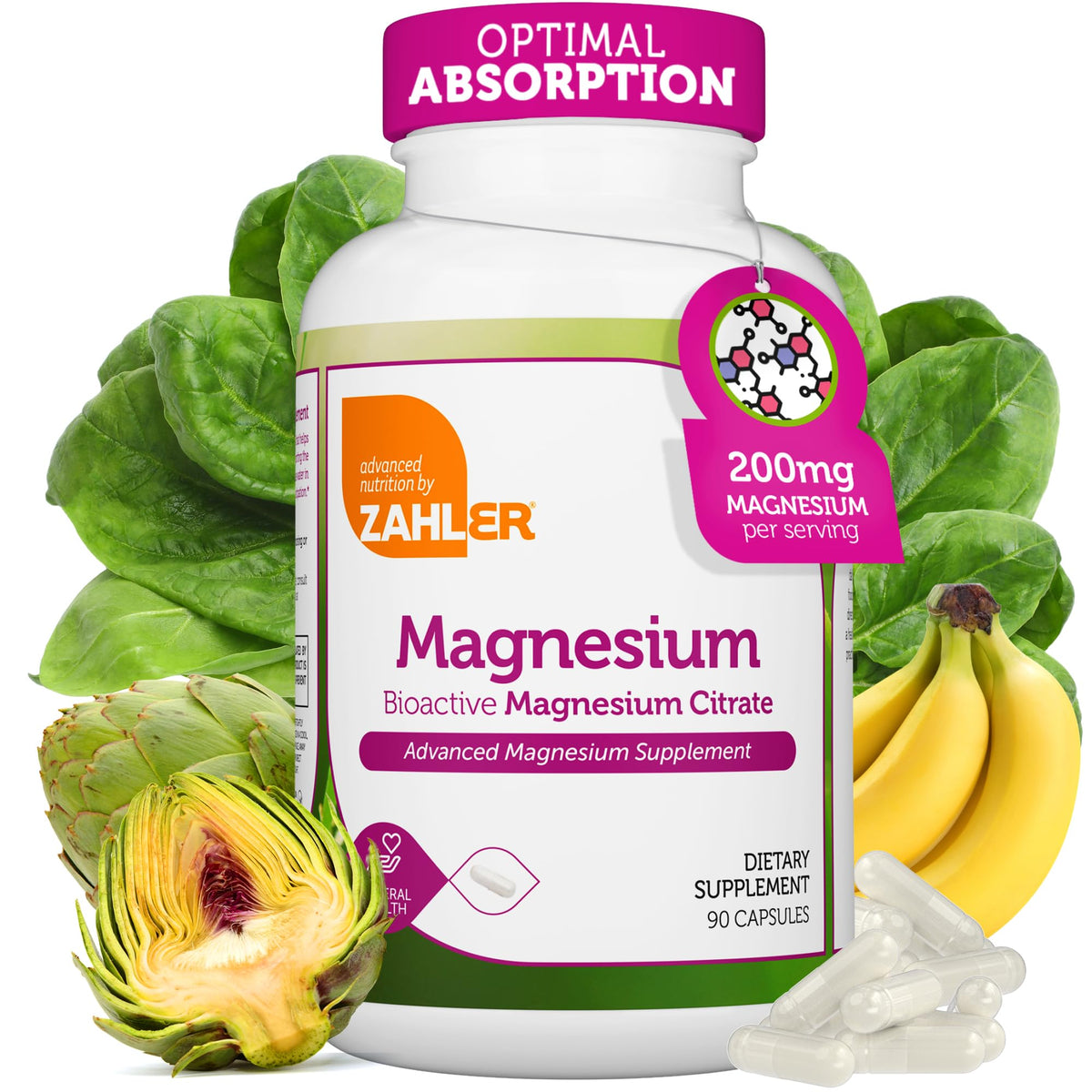 Zahler magnesium citrate capsules bottle: high-absorption magnesium for daily muscle and nerve support.