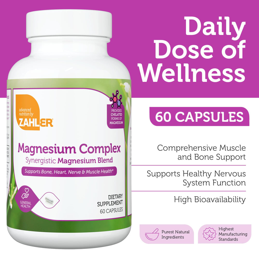 Close-up of Zahler Magnesium Complex capsules for gentle daily use.