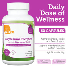 Close-up of Zahler Magnesium Complex capsules for gentle daily use.
