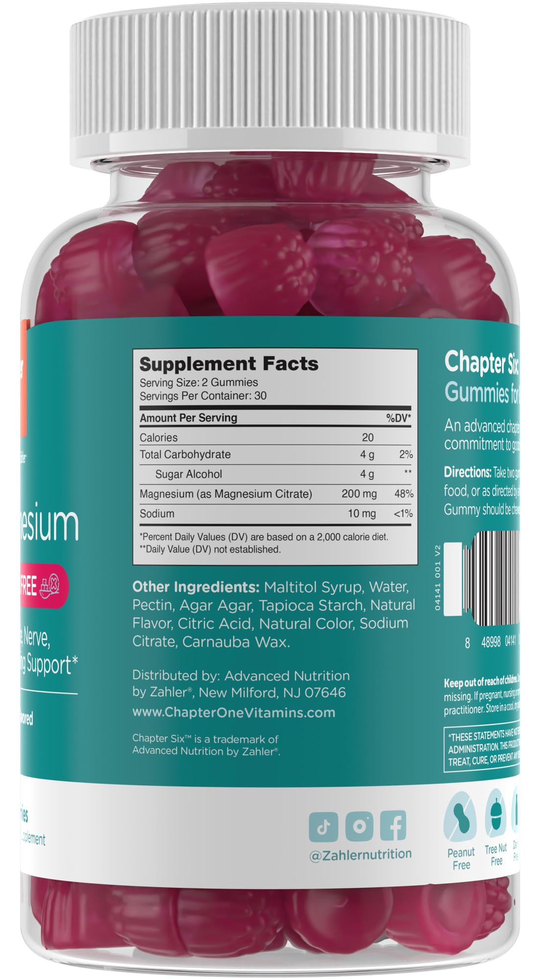 Close-up of Zahler Magnesium Gummies showing raspberry chews for tasty, sugar-free daily support.