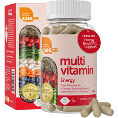 Close-up of Zahler multivitamin capsules emphasizing easy swallowing.