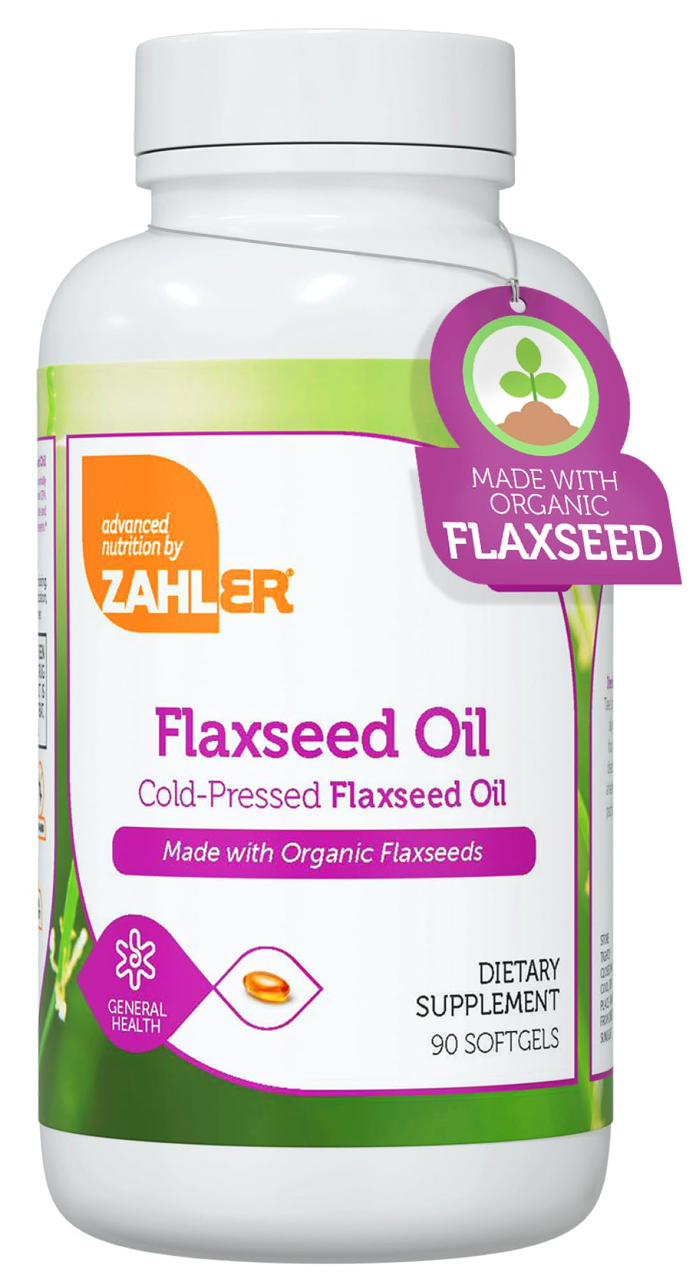 Zahler Organic Flaxseed Oil bottle with label highlighting omega-3 support