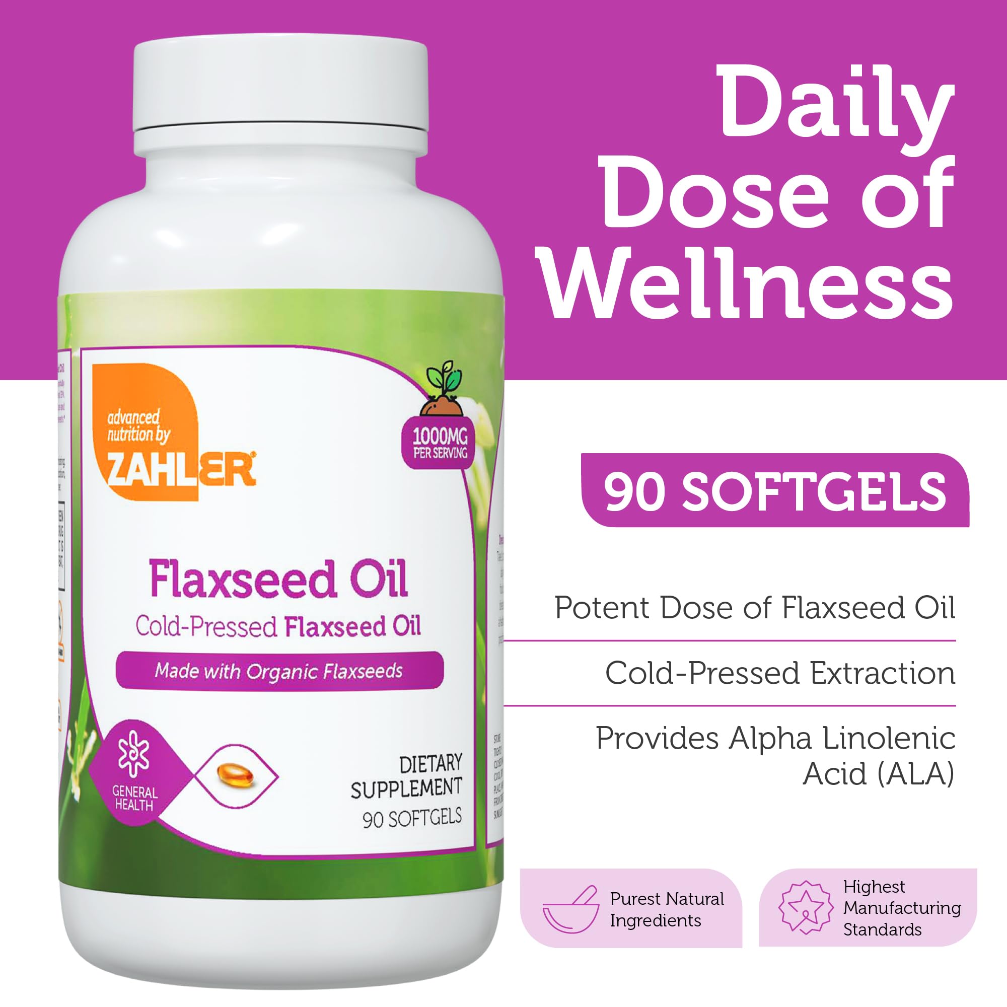 Zahler flaxseed oil softgels close-up in bottle for convenient daily omega-3 intake