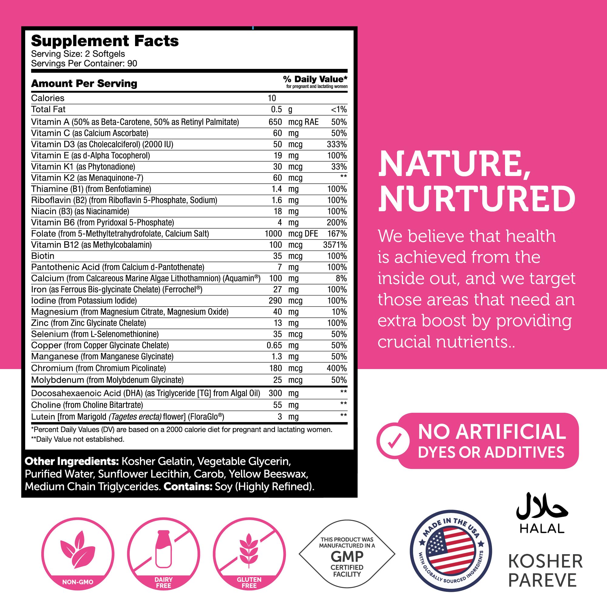 Zahler Prenatal DHA nutrition facts panel outlines DHA and folate content
