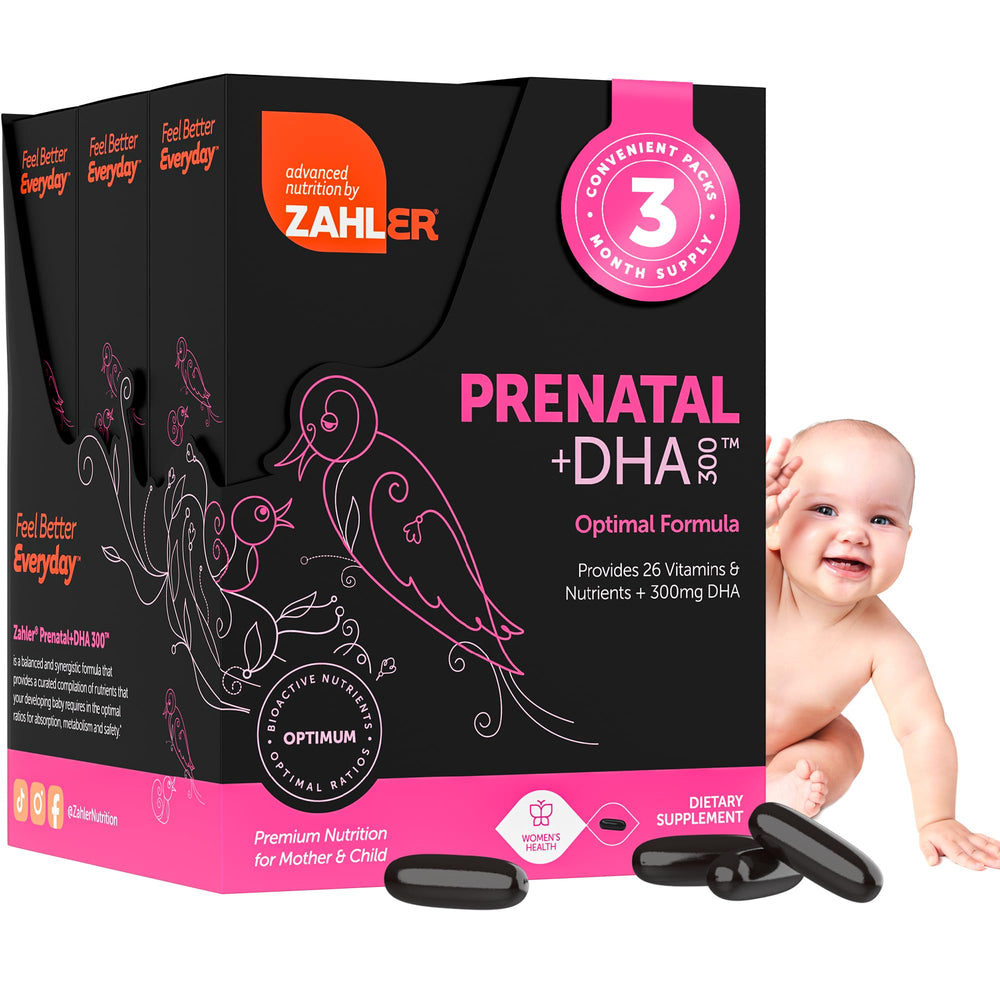 Zahler Prenatal DHA softgels bottle showing easy daily use for expectant moms