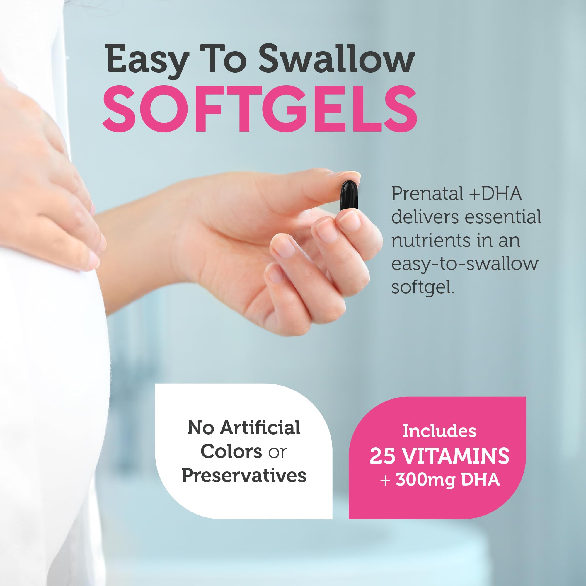 Zahler Prenatal DHA softgel being swallowed demonstrates easy ingestion