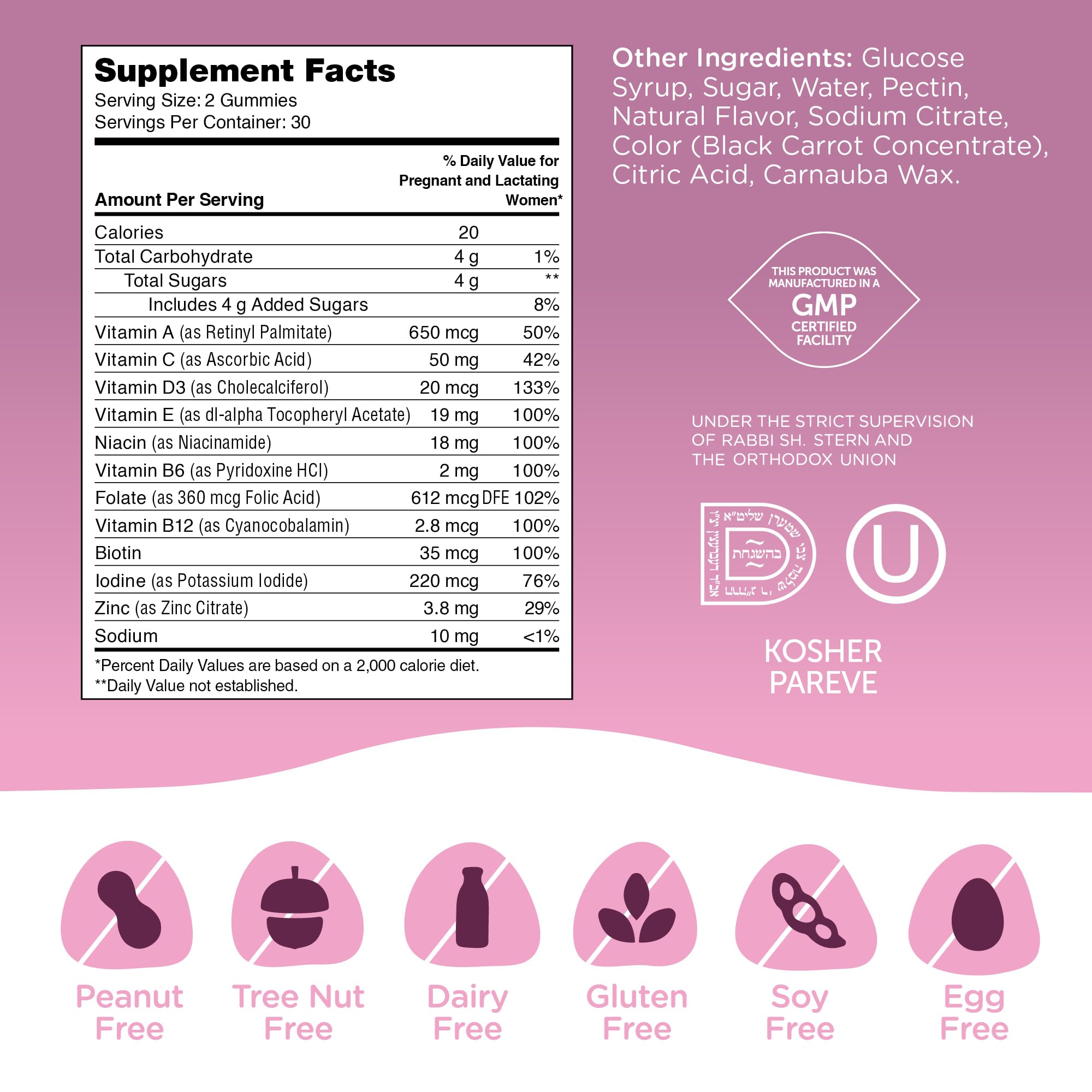 Gummy bottle labeled gluten-free, dairy-free, soy-free for allergens