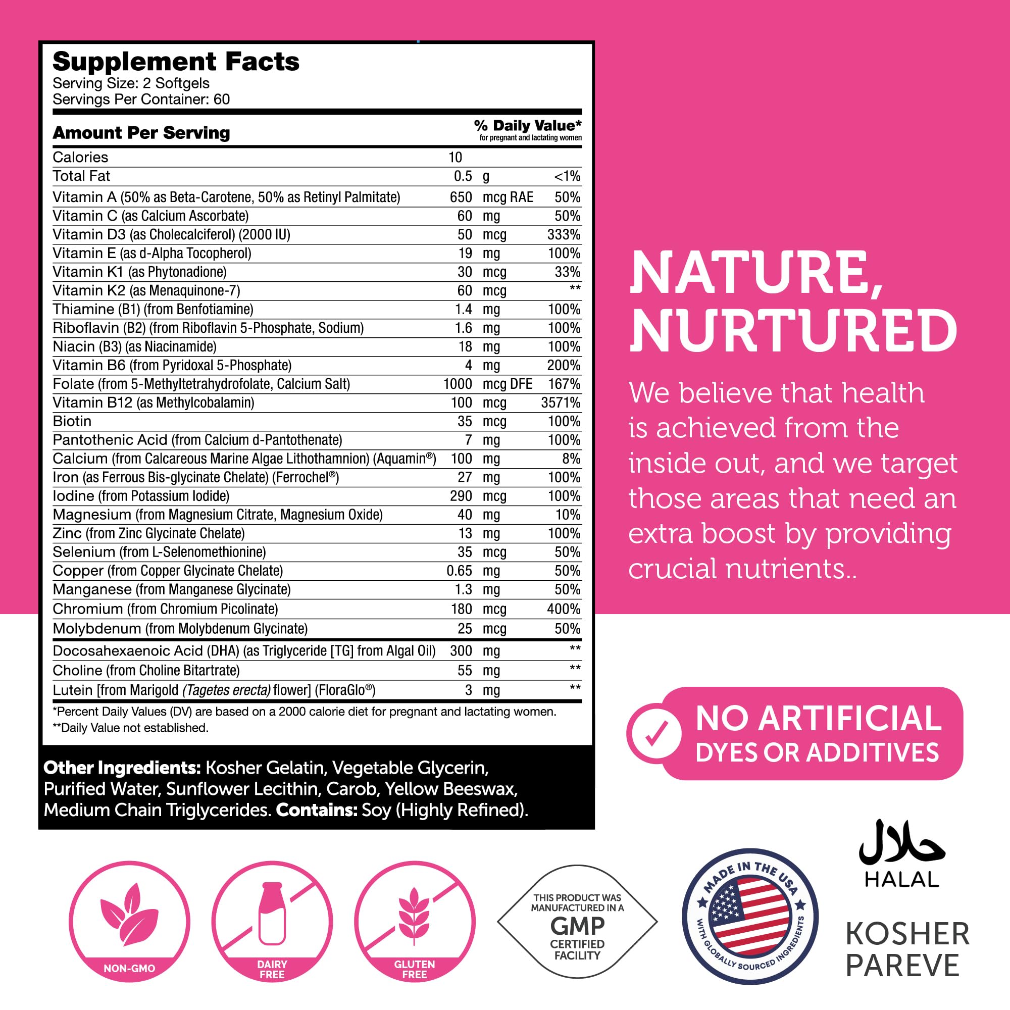 Zahler Prenatal Ingredients panel provides quick view of vitamins and minerals