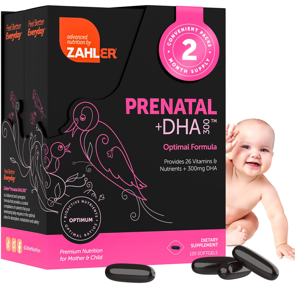 Zahler Prenatal Vitamin bottle front shows comprehensive prenatal nutrition for mother and child