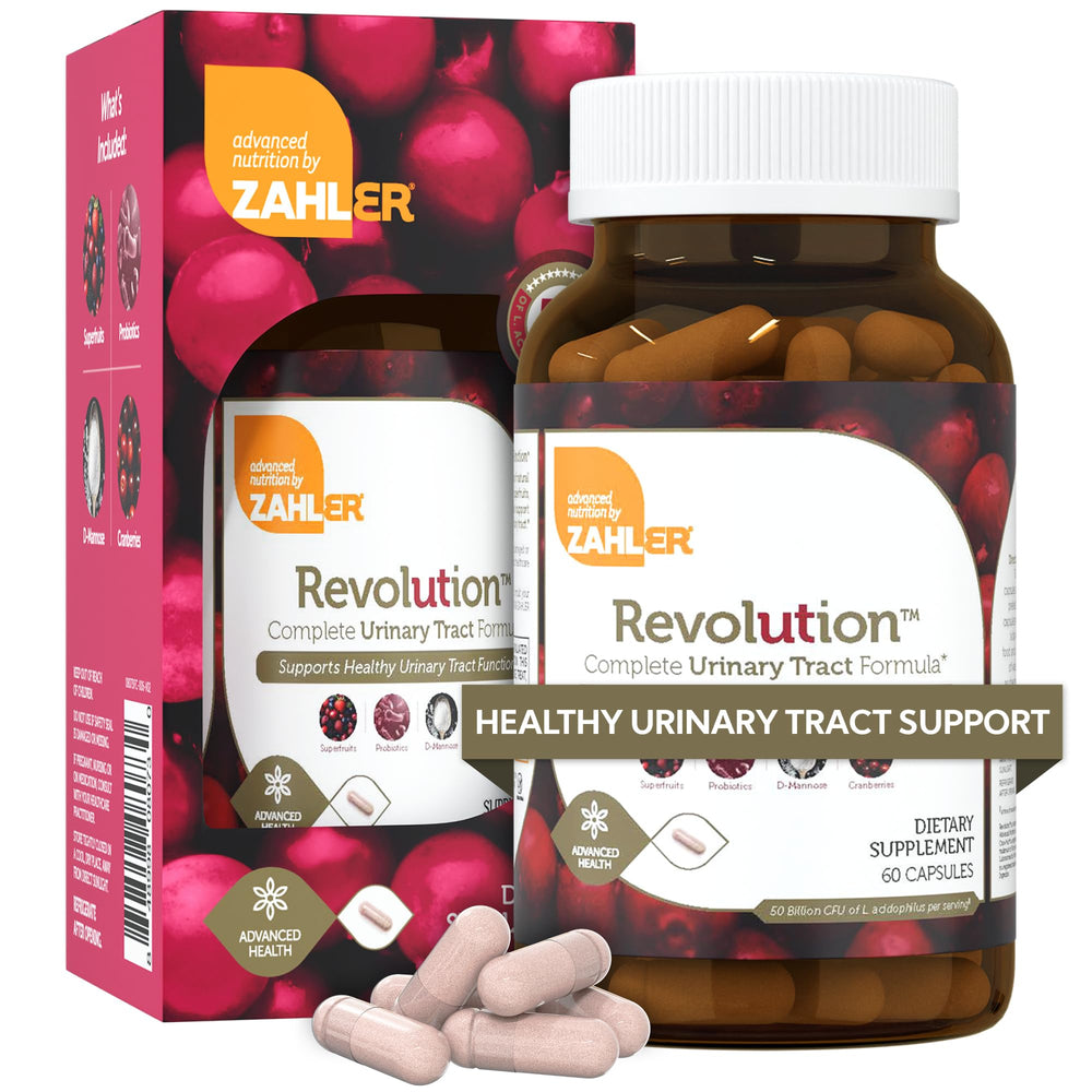 Zahler RevolUTion bottle displaying the complete urinary tract health formula for women.