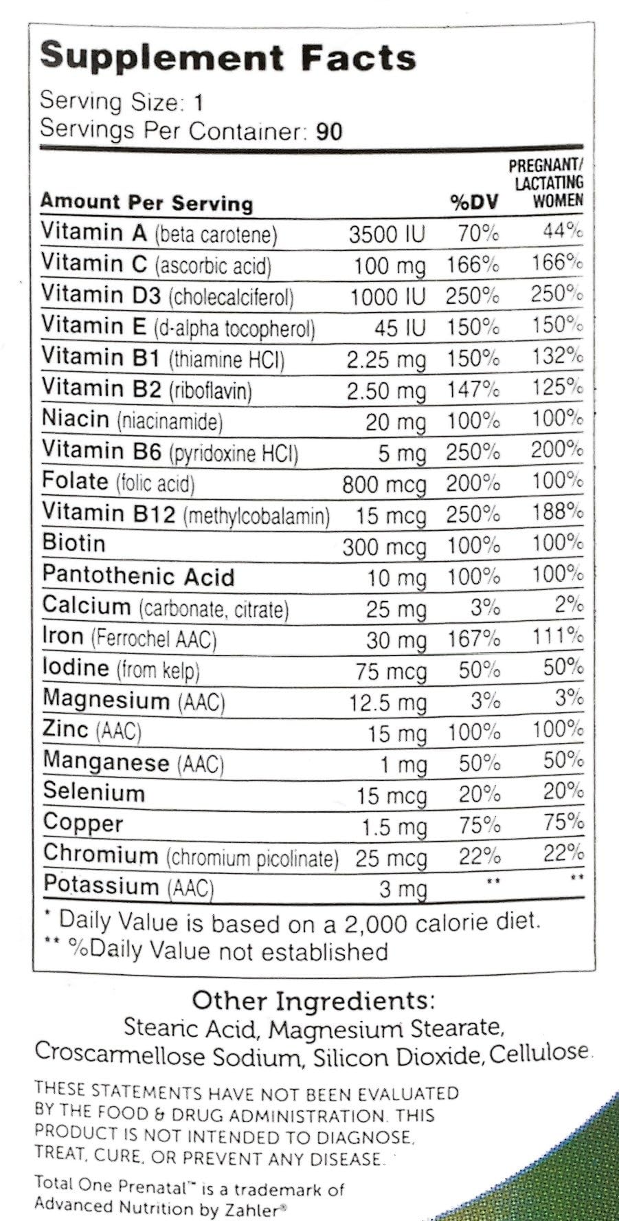 Zahler Total One Prenatal Kosher label with allergen-free certification.