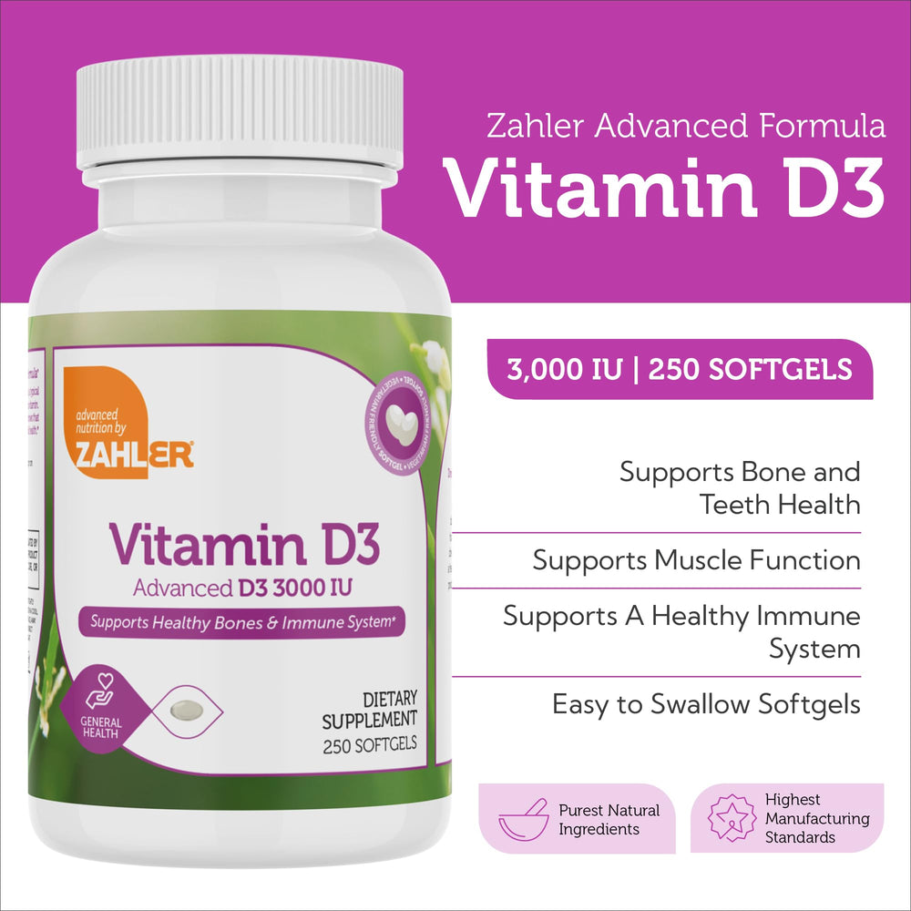 Zahler Vitamin D3 3000IU label shows dosage guidance for daily wellness.