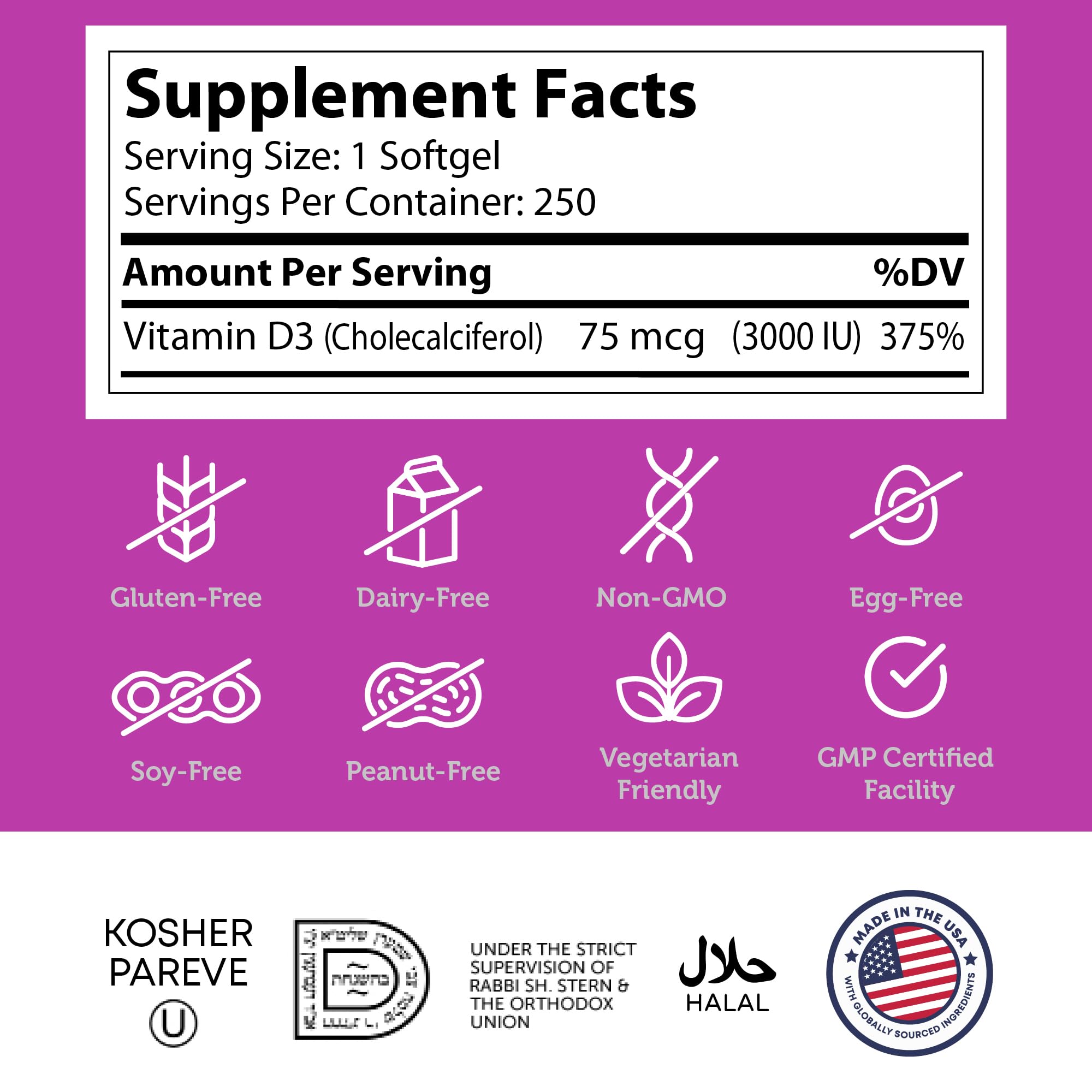Zahler Vitamin D3 3000IU packaging highlights Kosher certification and nutrition facts.