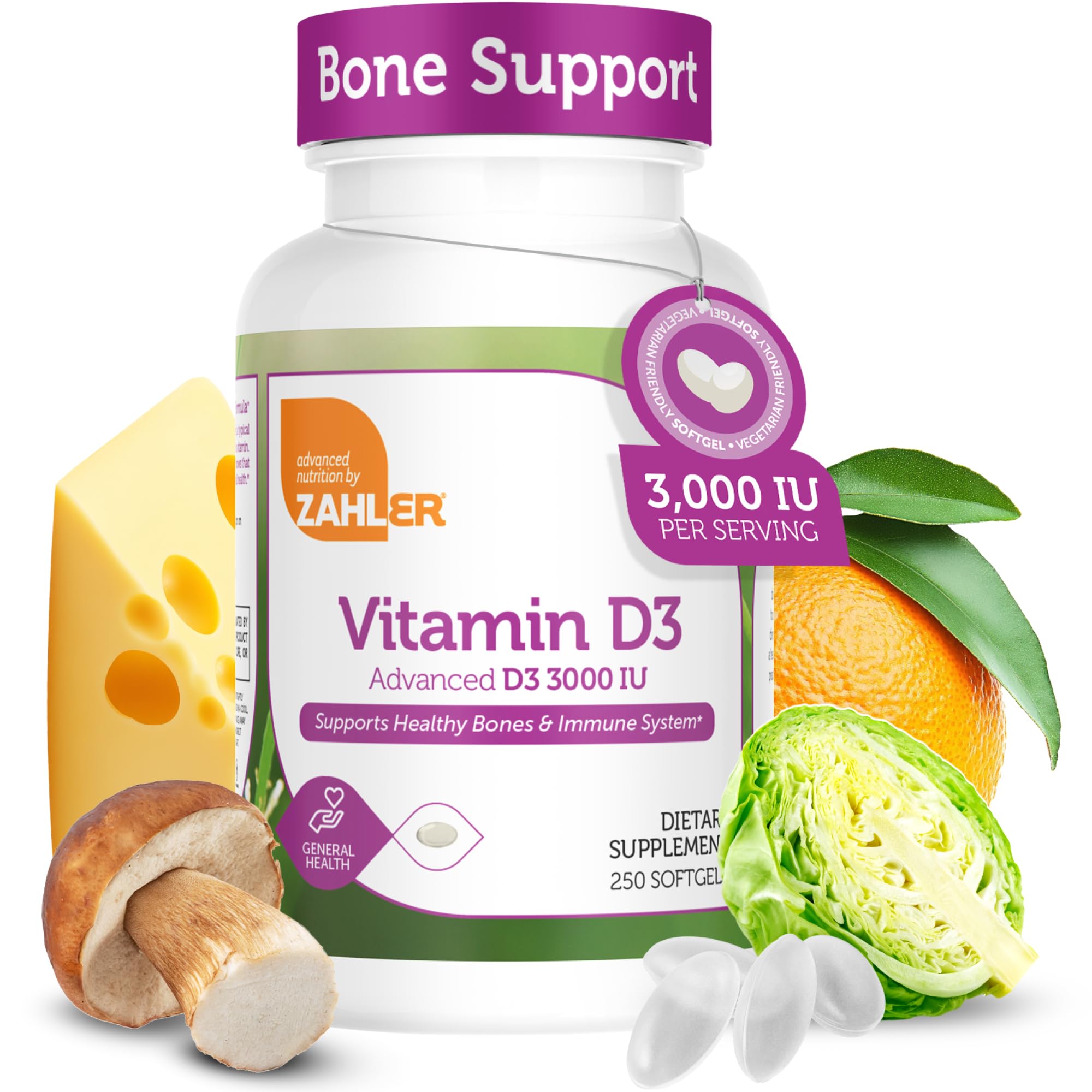 Zahler Vitamin D3 3000IU bottle with softgels supports daily immune health.