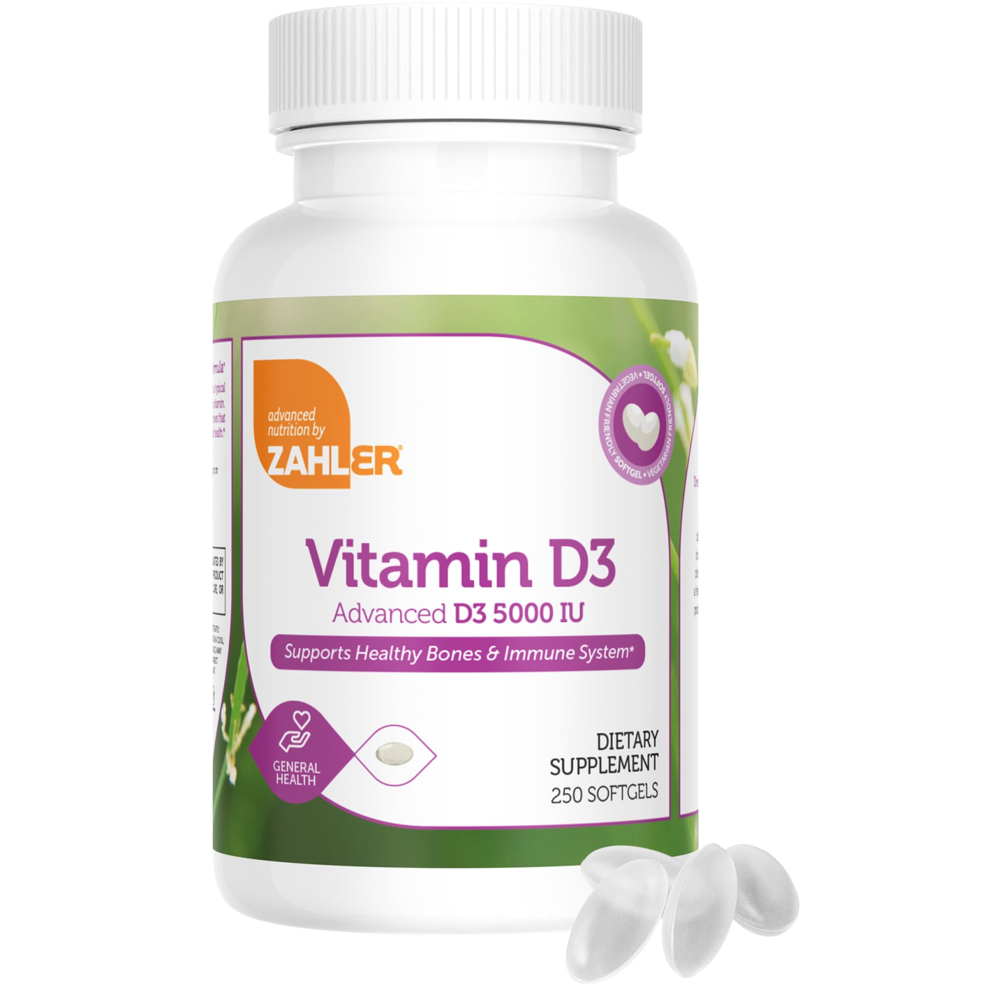 Zahler Vitamin D3 5000 IU softgels label close-up displaying kosher and non-GMO certification.
