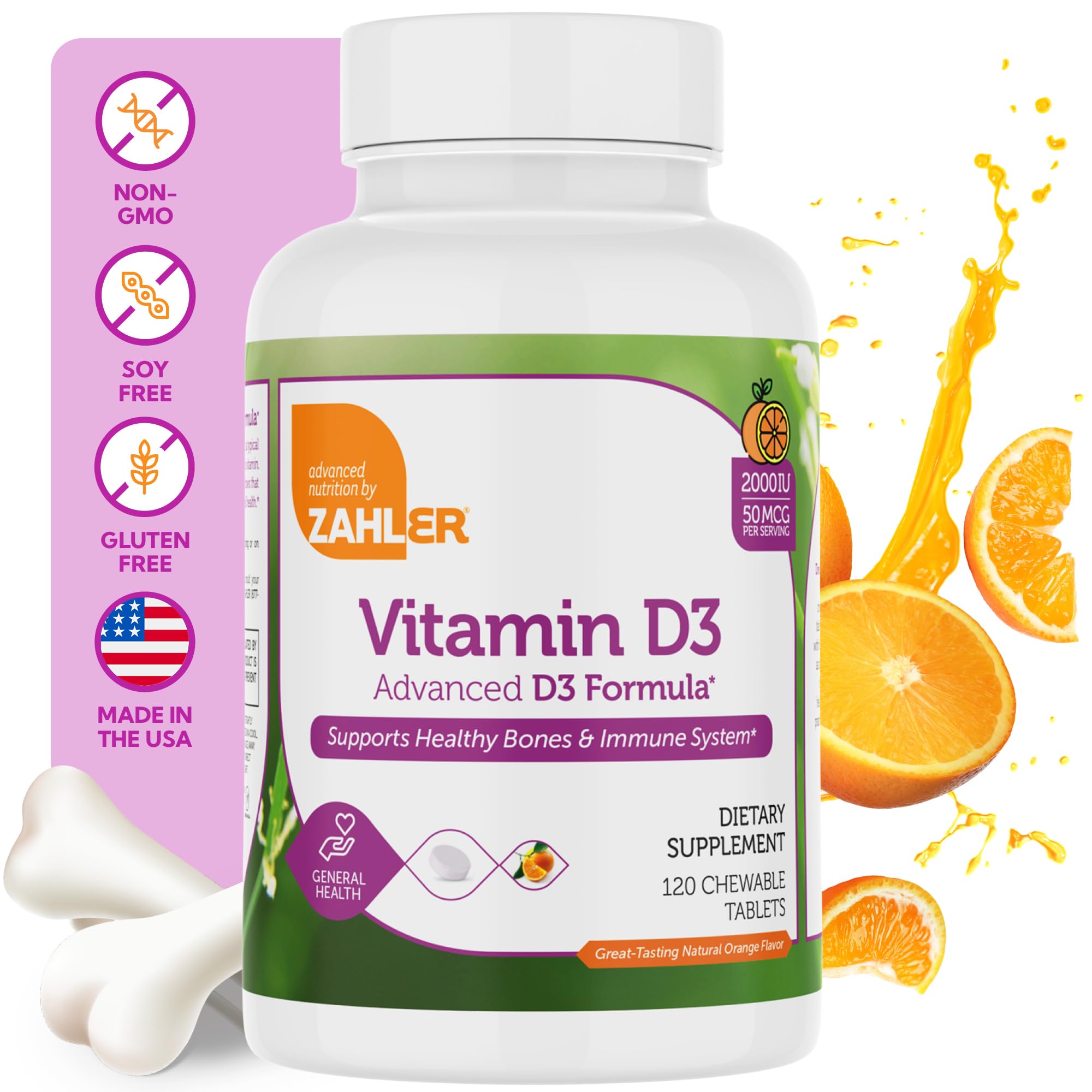 Zahler Vitamin D3 bottle label showing orange flavor and daily immune support.