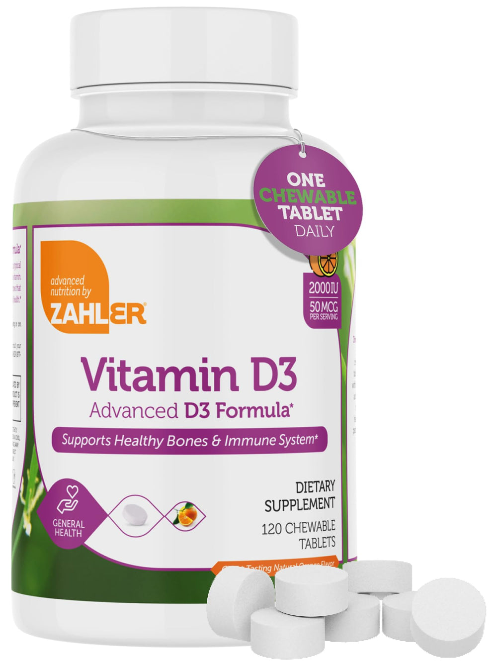 Zahler Vitamin D3 chewable orange tablet front view for daily bone support.