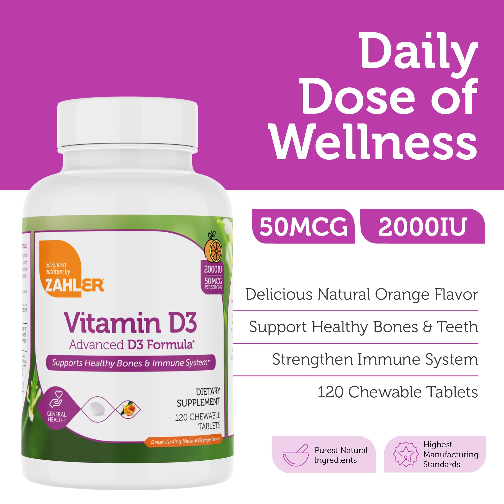 Zahler Vitamin D3 orange-flavor chewables enable convenient daily intake.