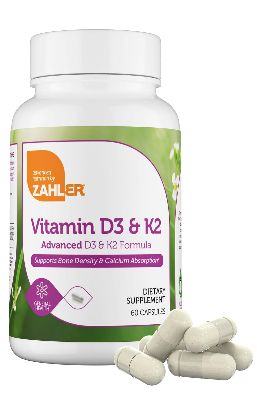 Zahler Vitamin D3 & K2 Advanced bottle front showing a premium bone-support formula.