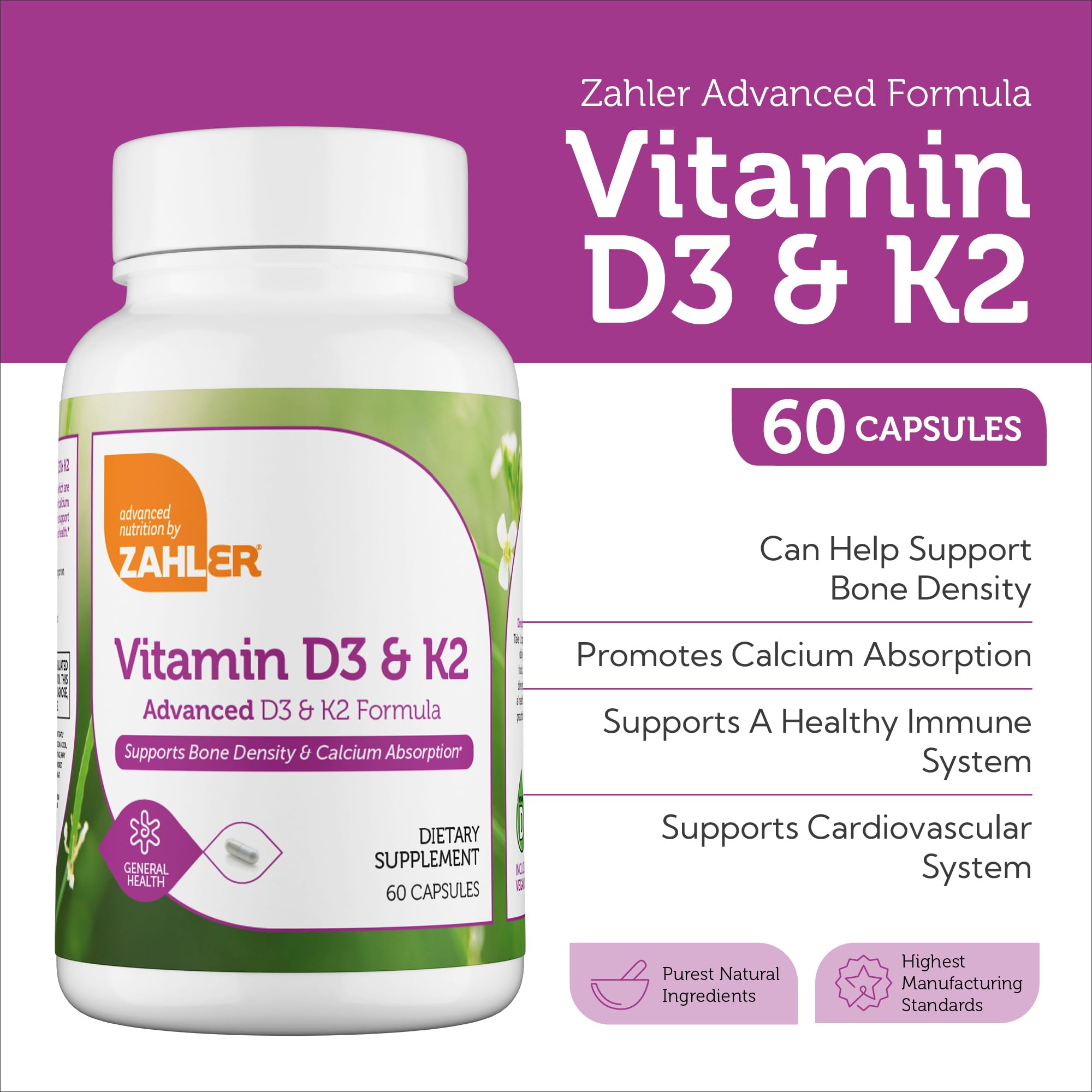 Zahler Vitamin D3 & K2 capsules close-up highlighting high-dose D3.