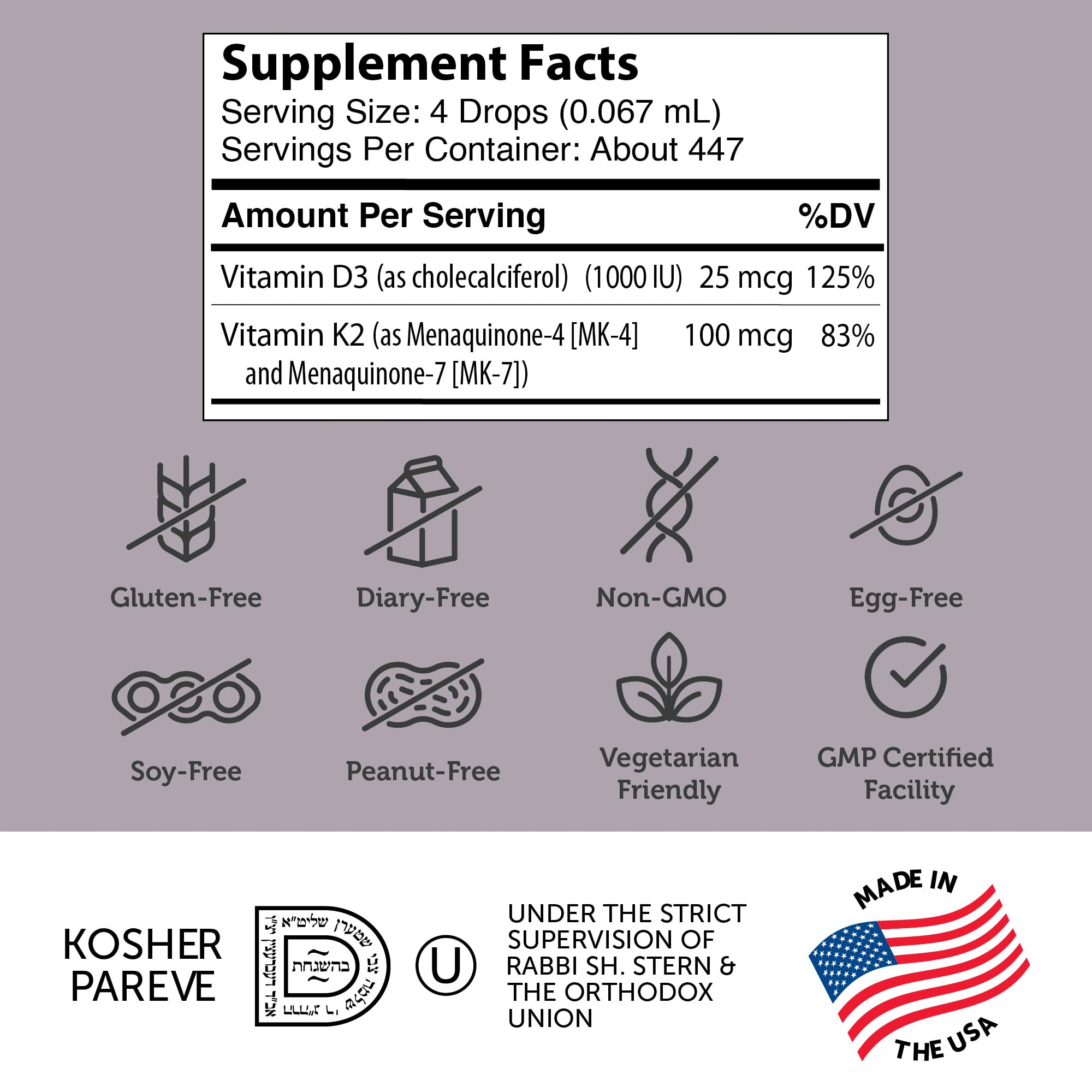Zahler Vitamin D3 K2 Drops packaging shows kosher certification.