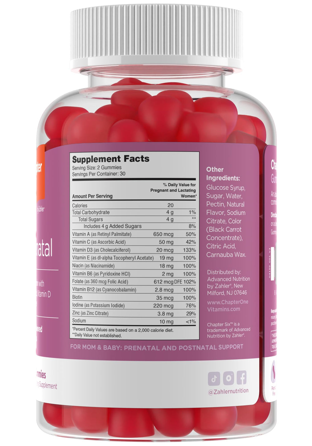 Close-up of Zahler prenatal gummies showing grape flavor for easy ingestion