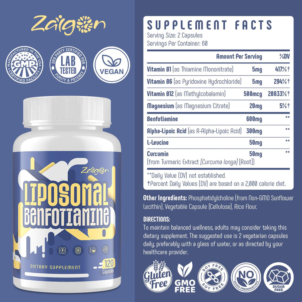 Zaigon Benfotiamine day-use scene shows a user taking capsules during morning routine.