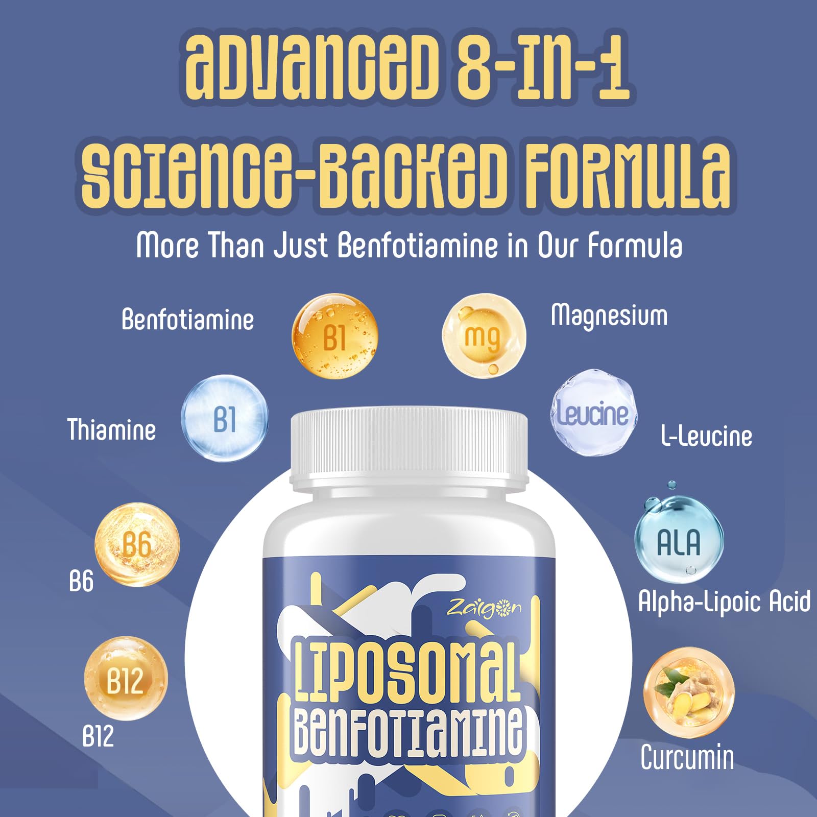 Zaigon Benfotiamine label details emphasize quality ingredients and allergen information.